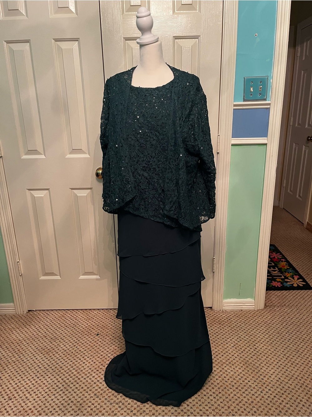 Layered Maxi Evening Dress with Sequin Lace Jacket - Dark Teal